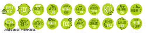 Set of Vegan, Eco, Bio, Organic, Fresh, Healthy, 100 percent, natural food. Natural product. Collection of 30 emblem, cafe, logos, badges, tags, label, tag, packaging. Vector illustration.