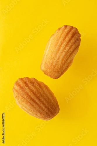 Flying french madeleine - shell shaped cookies isolated on yellow background