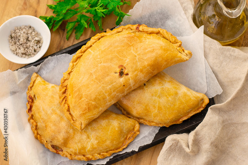 Savoury pastry Cornish pasty stuffed with chicken and potato