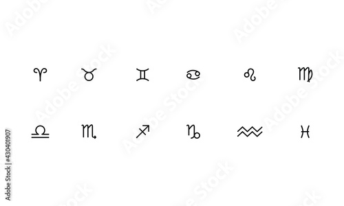 set of horoscope symbol in twelve zodiac constellation. a flat line zodiac icons isolated on black background. astrology and mythology collection in vector.