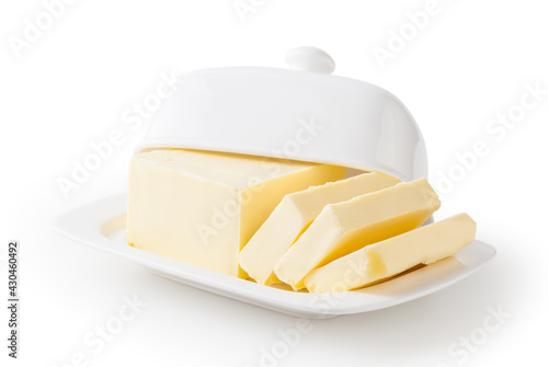 Fresh butter on white butter dish isolated on white background with clipping path