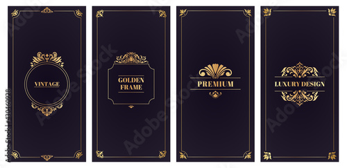 Ornate damask cards. Golden frame wedding card or invitation, elegant greeting cards vector illustration set. Decorative damask floral design templates