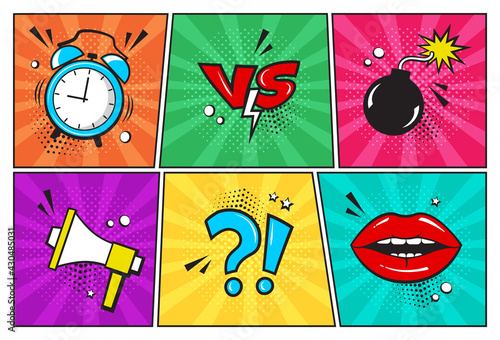 Comic vector icon in pop art style. Fun bright pattern set. Clock, bomb, megaphone, lips. Cartoon illustration