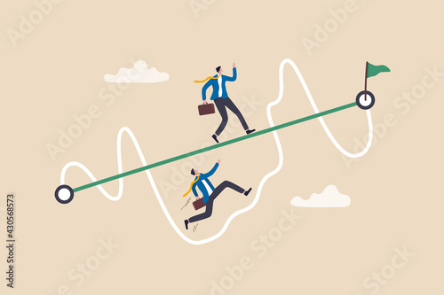 Easy or shortcut way to win business success or hard path and obstacle concept, businessmen competing with smart guy running on straight easy way and other on hard messy path.