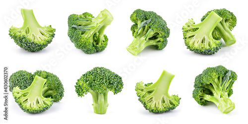 Broccoli isolated. Broccoli on white. Whole, half, slice, cut broccoli set.