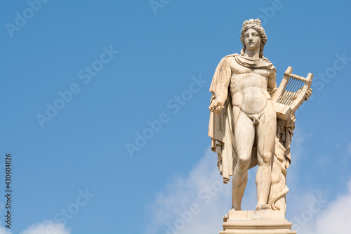 The statue of Apollo. Member of the Twelve Olympians, God of oracles, healing, archery, music and arts, sunlight, knowledge, herds and flocks, and protection of the young. Athens, Greece