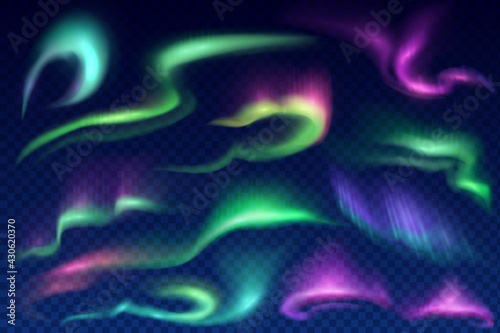 Northern, polar and aurora borealis vector lights on transparent background. Realistic 3d auroras with bright glowing swirls of green, purple and blue northern or polar lights, Arctic luminescence