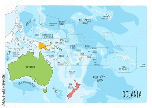 Colorful vector map of Oceania. Cartoon style