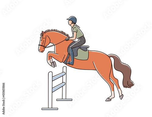 Child and sport pony jump over an obstacle