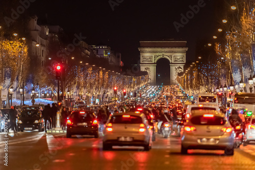 Paris, France - Dec 2015: Busy street at Champs Élysées, Paris.