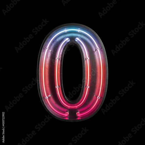 Number 0, Alphabet made from Neon Light with clipping path