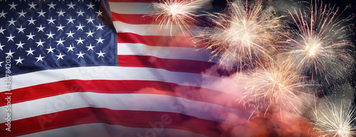 American flag and fireworks, banner design. Independence Day of USA