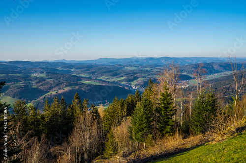Germany, Endless panorama view above forested nature landscape of schwarzwald from hoernleberg mountain in summer at sunset