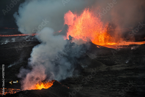 Aerial view of a small aircraft flying over the 2014 Bárðarbunga eruption at the Holuhraun volcanic fissures, Central Highlands, Iceland. 