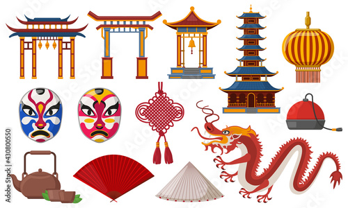 Chinese traditional elements. Asian culture traditional symbols, pagoda, lantern and dragon isolated vector illustration set. China oriental icons