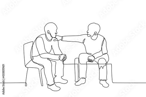 man supports a friend, a guy put his hand on a friend's shoulder - one line drawing. two men sit side by side, one of whom addresses or psychologically (morally) supports the other