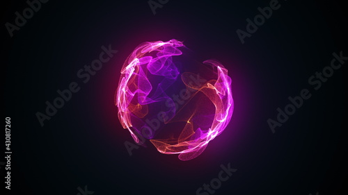 Abstract magic sphere, computer generated background. Multicolored gaseous shape from glow neon particles. 3d rendering of shine element
