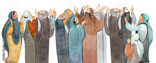 Watercolor hand drawn illustration of praying people, apostles in prayer, thanksgiving to the Lord. Decorative border for the background of Christian publications, the design of banners, cards, sites