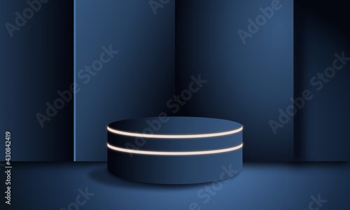 dark blue podium luxurious and gold lines, 3D rendering, 3D product display background.