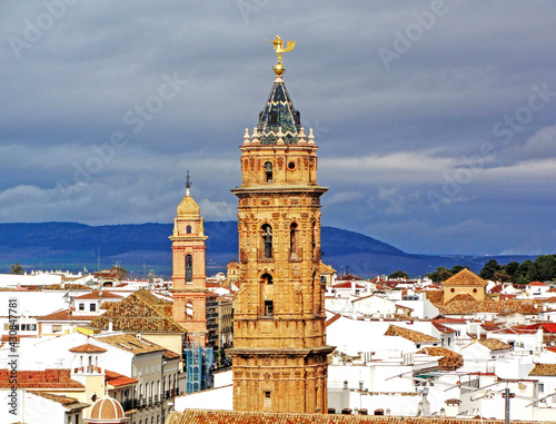 Old towers of the churches in Antequera, Malaga, Andalusia, Spain. Background