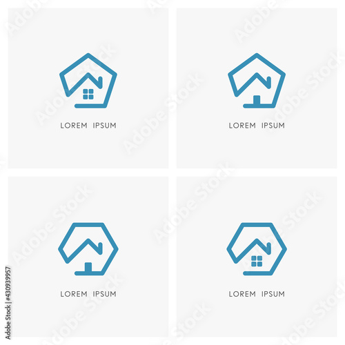 Home outline logo set. House with window, front door and chimney on the roof with pentagon and hexagon symbol - realty, real estate and building icons.