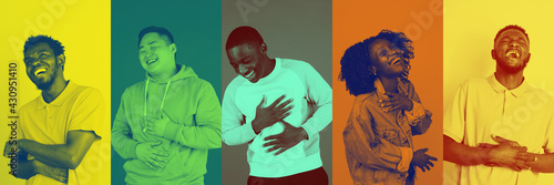 Portraits of group of people on multicolored background in duotone style, collage.