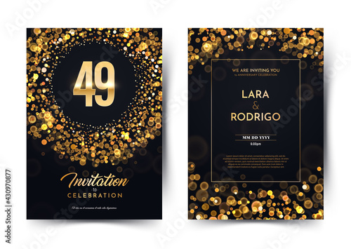 49th years birthday vector black paper luxury invitation double card. Forty nine years wedding anniversary celebration brochure. Template of invitational for print dark background with bokeh lights