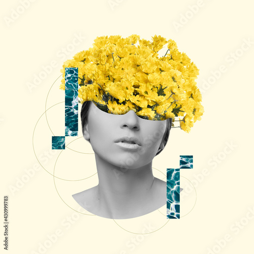 Modern design, contemporary art collage. Inspiration, idea, trendy urban magazine style. Female beauty portrait with flowers on pastel background