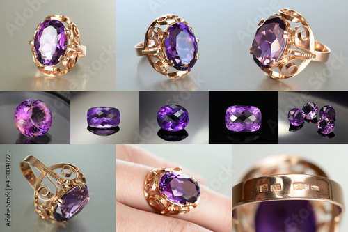 Vintage USSR Soviet union Womens 583, 14K massive gold ring with lab created Amethyst faceted gemstone setting. 6 photos 1400 x 1050 pxixels in one, plus 5 small photos of natural amethysts. 