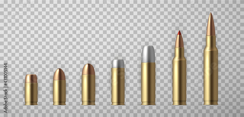 Collection of realistic bullet vector illustration. Set of weapon ammo various types and size