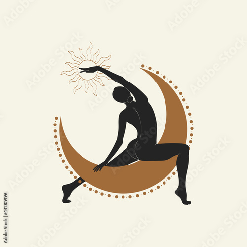 Mystical girl. Ornament beautiful woman in a yoga pose with moon and sun. International yoga day card. Concept of healthy life and natural balance between body and mental development