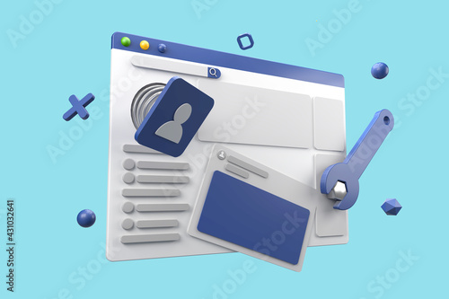 Broken facebook page with tools to fix it ,3d illustration