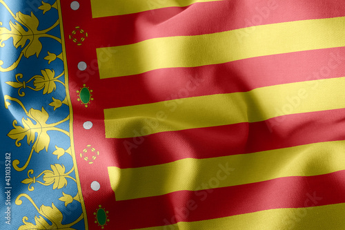 3D illustration flag of Valencian Community is a region of Spain