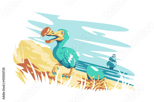 Cute dodo bird with egg vector illustration. Golden coastline and ocean view with ship flat style. Wild animal and nature landscape concept. Isolated on white background
