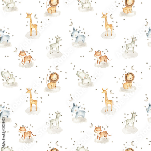 Safari Animals watercolor illustrations for baby in the sky with clouds and stars pattern 