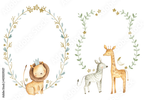 Safari animals watercolor templates illustration for nursery and baby shower with lion, giraffe and zebra 