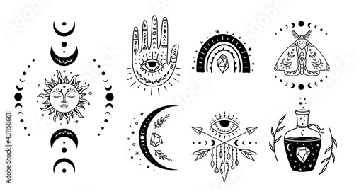 Mystical witchcraft symbol set. Vector boho silhouette design. Magic monochrome illustration. Esoteric and occult signs. Alchemy prints.