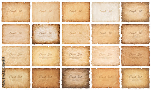 collection set old parchment paper sheet vintage aged or texture isolated on white background.