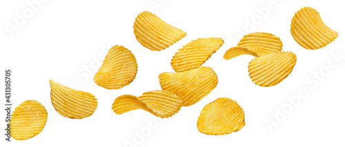 Falling ridged potato chips isolated on white background