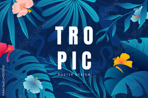 Asbtact floral background with tropical leaves, plants, flowers and place for text. Jungle foliage backdrop. Summer banner design. Vector illustration.