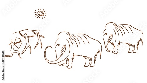 Primitive people hunt mammoth rock paintings illustration. Primitive bow and spear hunters attack ancient woolen elephants in light vector sun.