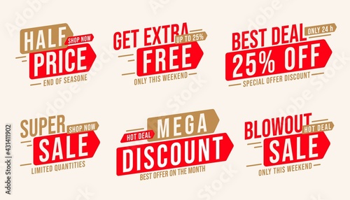 Sale sticker set with mega discount and half price offer. Badge with get extra free, best deal up to 25 percent off, blowout super sale limited in time and quantity vector illustration