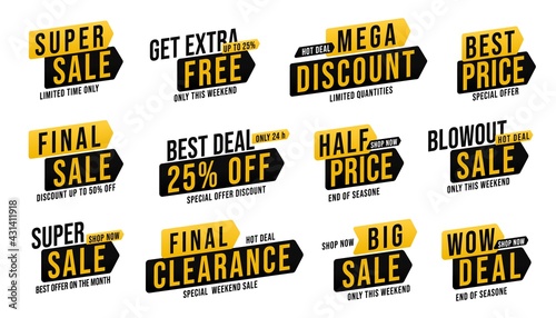 Super sale blowout promotion sticker big set with wow deal. Get extra free up to 25 percent off badge, best and half price label, special offer discount tag for marketing campaign vector illustration