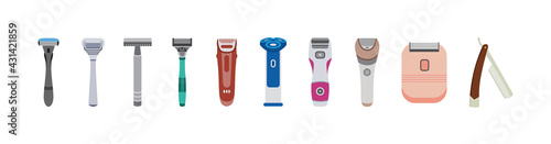 Set of electric and straight razors, shavers with sharp blades for hair removal.