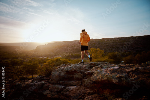 Rear view of young fitness male athlete running through rocky mountain path