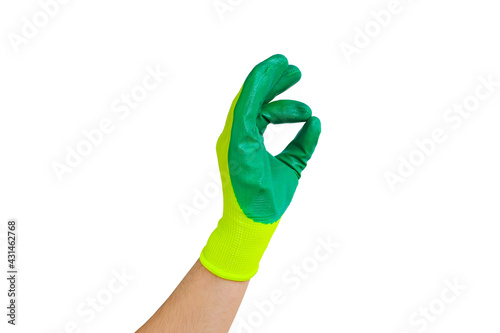 okay hand sign. Male hand in green glove for working in the garden, vegetable garden isolated on white background. Worker showing gesture - ok sign.