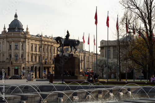 Marshall Jozef Pilsudski monument at the Plac Litewski square in old town. High quality photo in city center of Lublin, Poland.