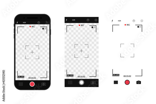 Camera interface in phone screen. Photo, video ui in cellphone. App for record from mobile cam. Viewfinder, grid, focus, button and rec. Smartphone mockup for photography, selfie and video. Vector