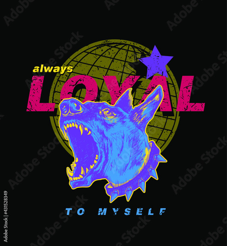 hand drawn sketch angry dog face illustration in neon colors with slogan print design