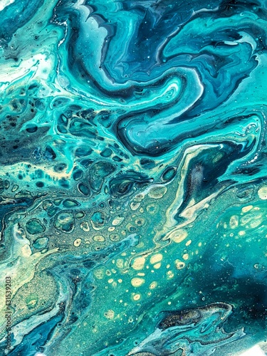 Creative abstract hand-painted background, wallpaper, texture, close-up fragment of acrylic painting on canvas, blue, green, gold paint. Contemporary art. Trend Art